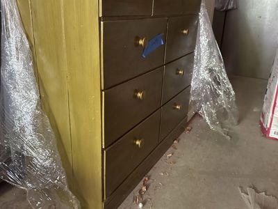 Vintage Green Dresser with Multiple Drawers and Gold Knobs. 9 drawers. 36” wide x 15” deep x 34” high