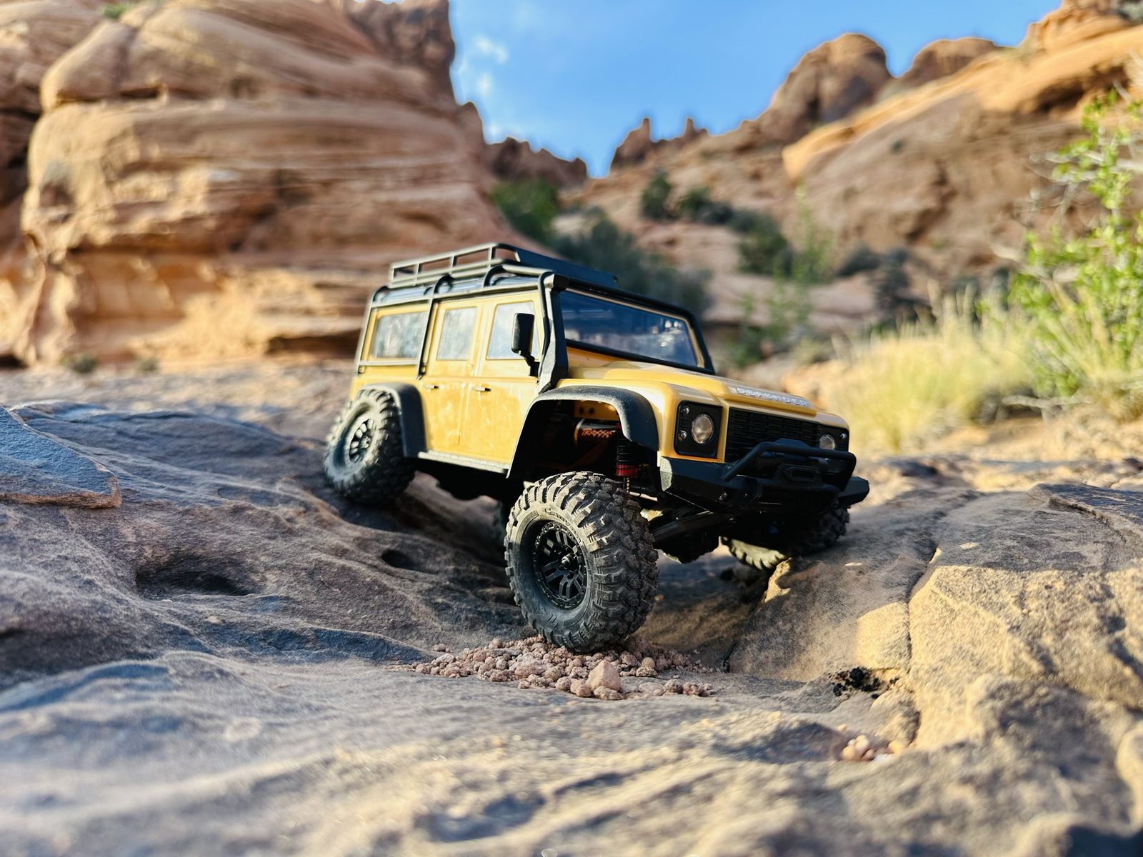 Traxxas TRX-4 Land Rover Defender and injora trailer with Remote, new red injora shocks, and new injora bumper with toe hitch.