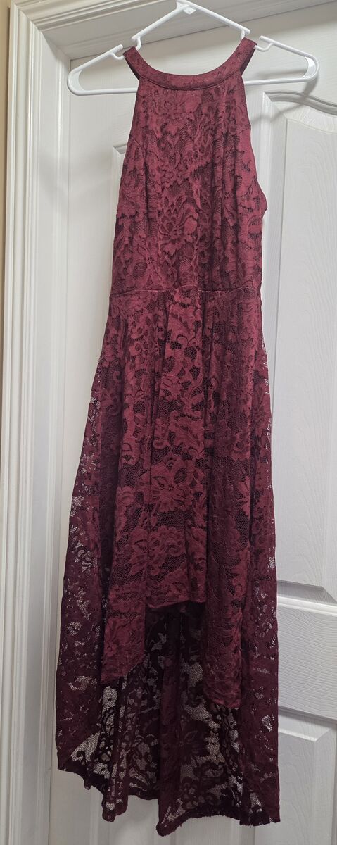 Halter Lace Hi-Lo Burgundy Formal Gown