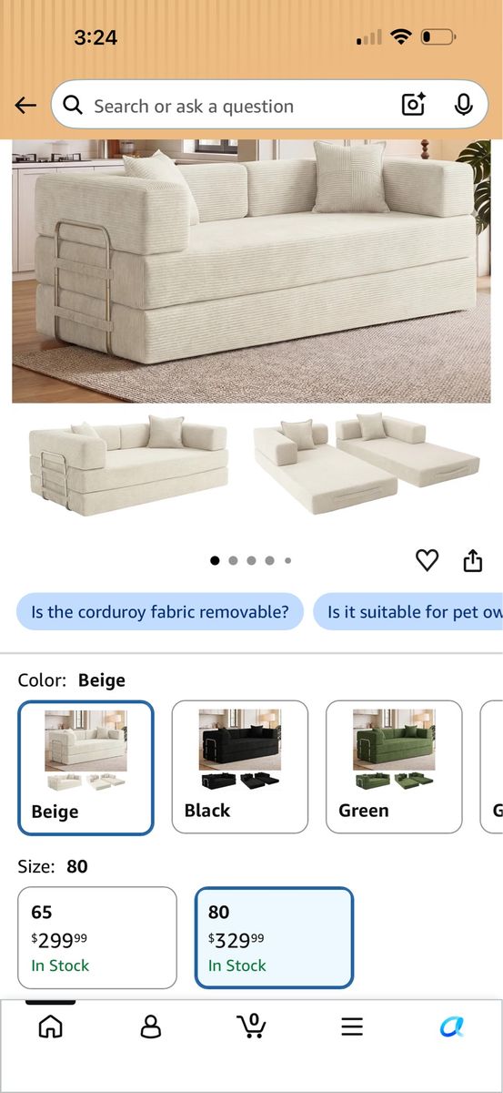 Modular Convertible Floor Couch Sofa Bed - Corduroy Beige (80 Inch) brand new