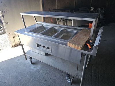 3 Well Steam Table with Upper Shelf and Tray Shelf