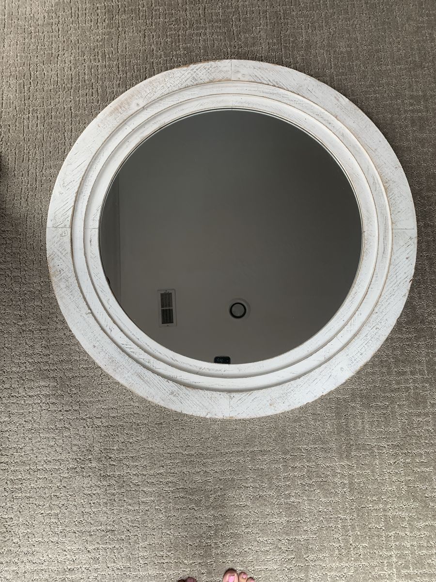 Round White Washed Wood Frame Wall Mirror - Rustic Farmhouse Style