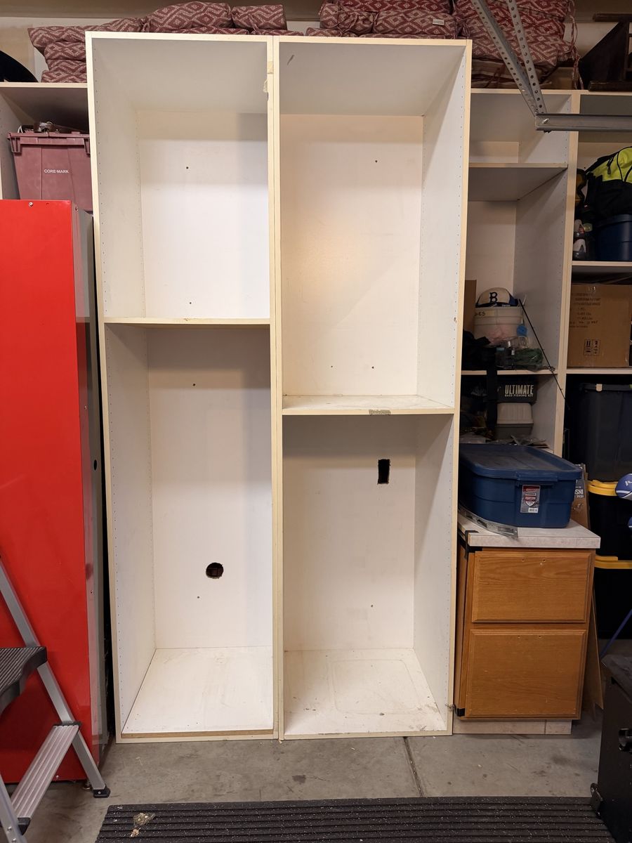 Set of 2 White Storage Shelving Units (8 ft Tall, Adjustable Shelves)- Free