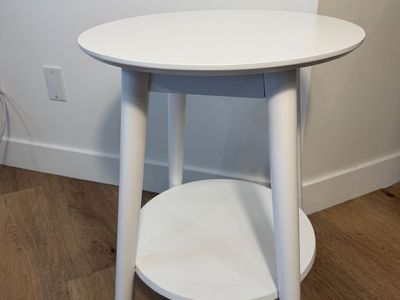 Modern White Round End Table with Storage Shelf and Gold-Cap Legs 24” tall side table nightstand accent table