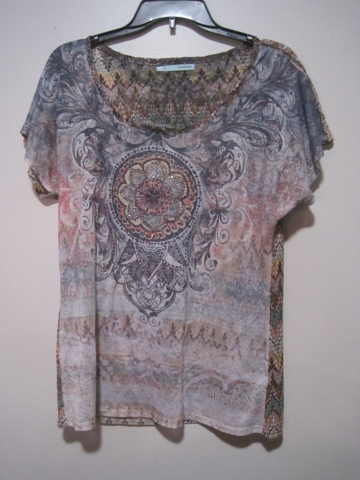 Maurices Sz LARGE Studded Mandala Print Mixed Media Blouse Top Short Sleeve EUC