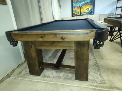 Rustic Dark Wood Pool Table with Blue Felt - Excellent Condition