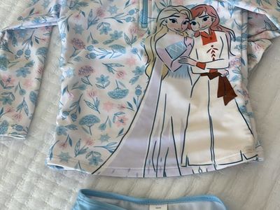 Disney Frozen Elsa & Anna Girls 5T Long Sleeve UPF Rash Guard & Swim Bottom Set - Excellent Condition
