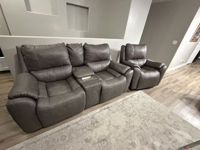 Gray Power Reclining Sofa, Loveseat w/ Console, & Chair Set - Living Room Furniture