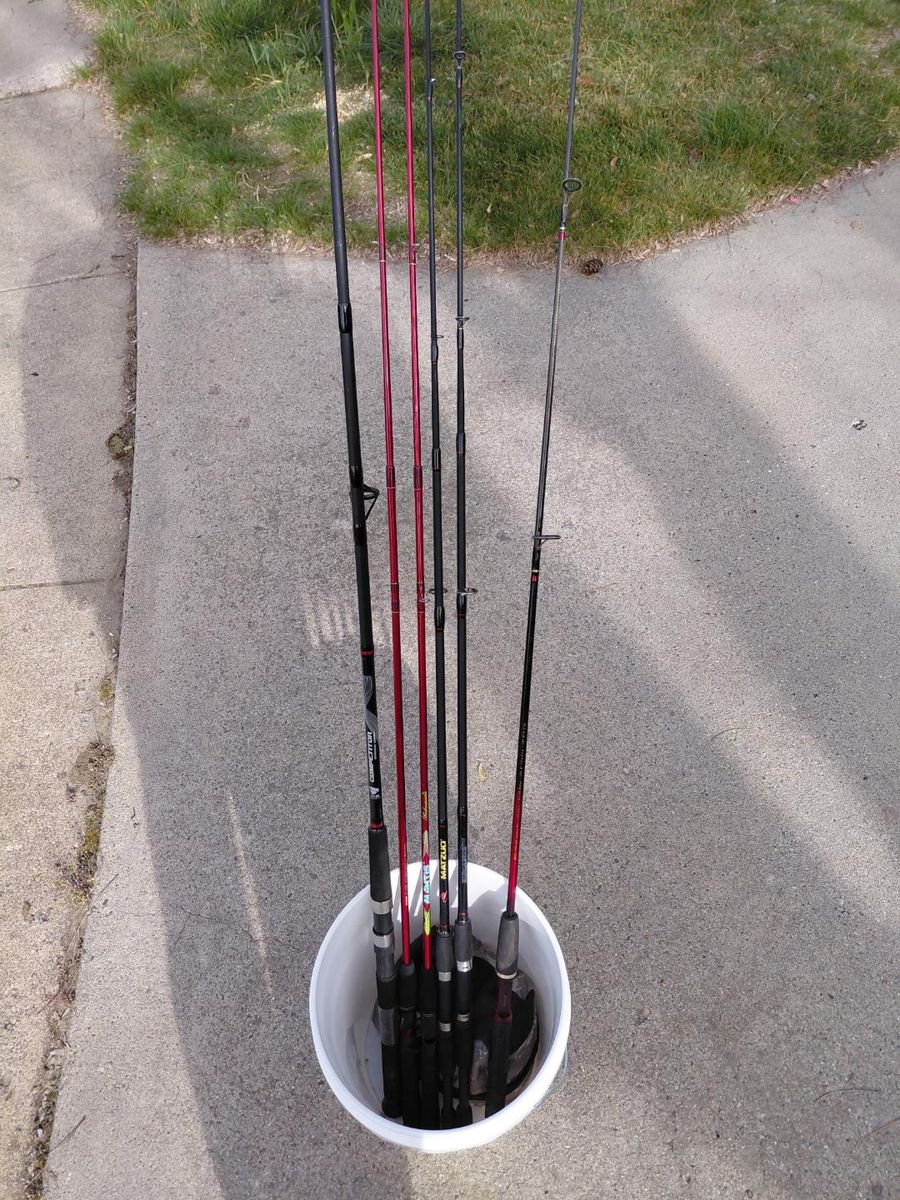 poles Like New $10 Dollars Ech. for ones in Bucket. Heavy pole and Reel $25. one $15 one 8ft.Heavy Heavy Sturgeon pole $40