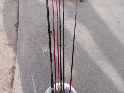 poles Like New $10 Dollars Ech. for ones in Bucket. Heavy pole and Reel $25. one $15 one 8ft.Heavy Heavy Sturgeon pole $40
