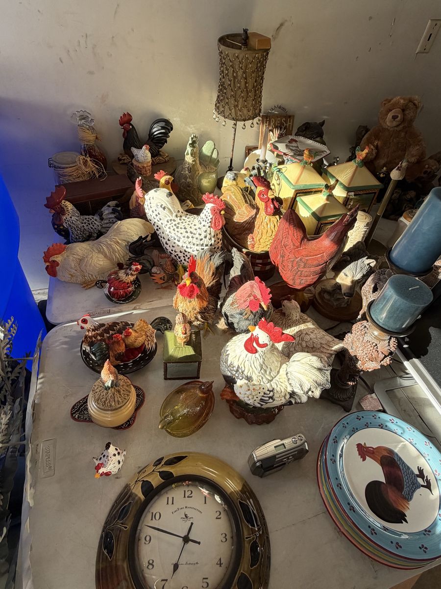 Rooster and Chicken Decor Lot - Figurines, Clock, Plates, Bear decor