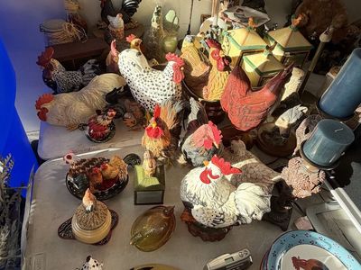 Rooster and Chicken Decor Lot - Figurines, Clock, Plates, Bear decor