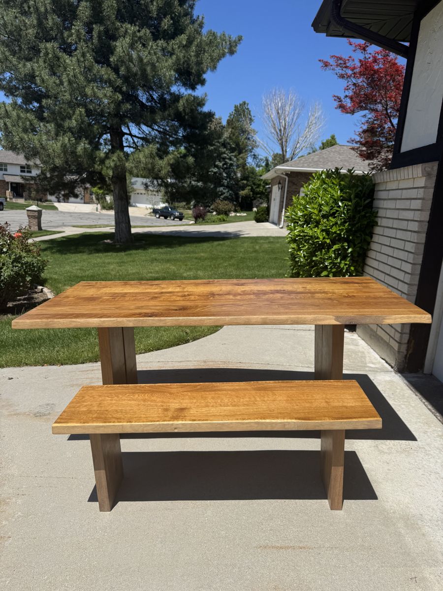 Solid wood dining room table and bench