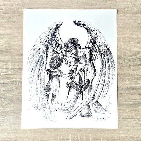 Original Pen and Ink Drawing Angel with Child
