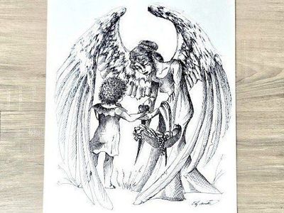 Original Pen and Ink Drawing Angel with Child