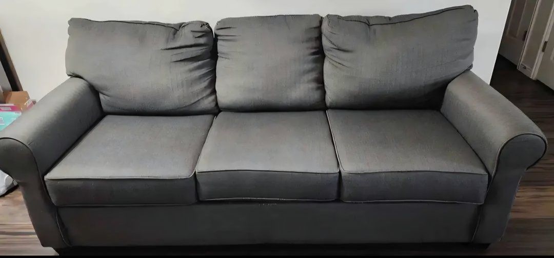 3-Seater Grey Fabric Couch Sofa with Rolled Arms - Good Condition