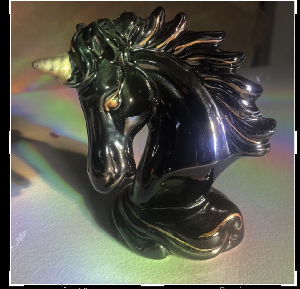Rare Black Gold Unicorn Ceramic Decor
