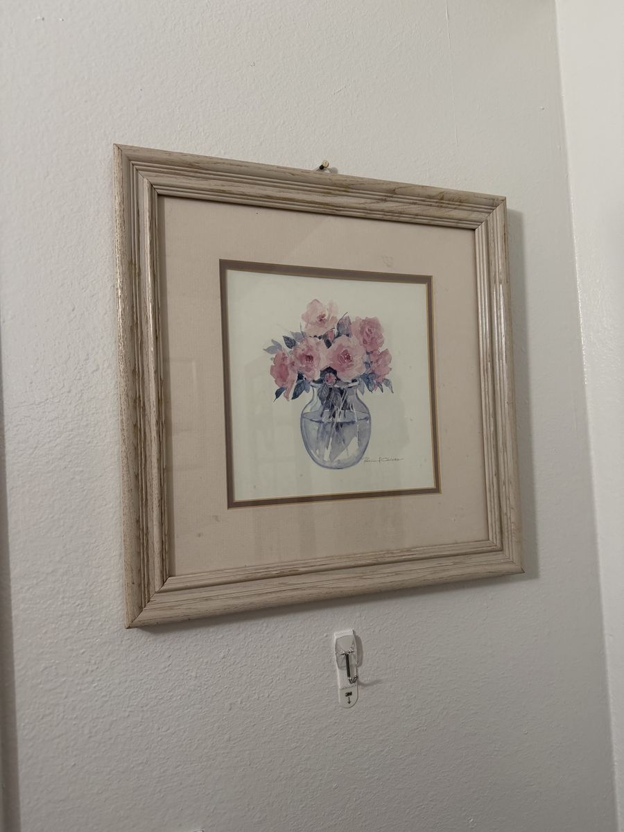 Vintage floral watercolor painting in wood frame