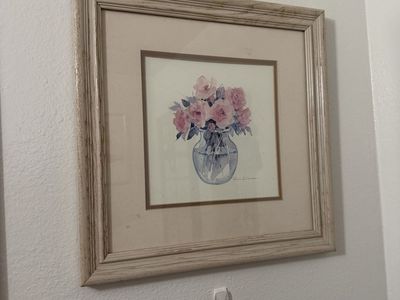 Vintage floral watercolor painting in wood frame