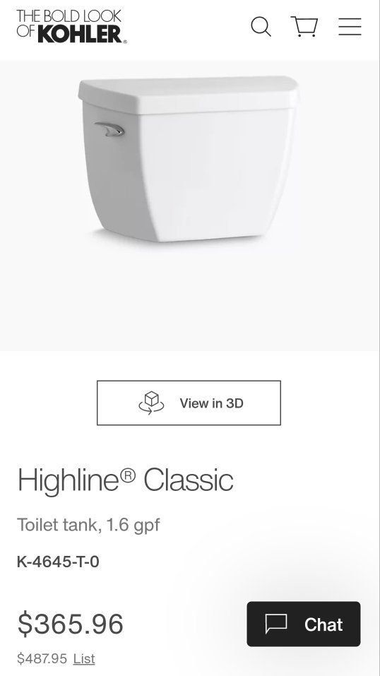 Kohler Highline Classic Toilet Tank 1.6 GPF White