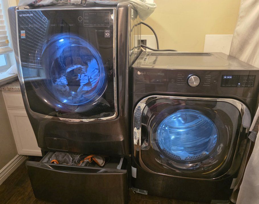 LG electric wifi Washer and Dryer set with pedestal drawer