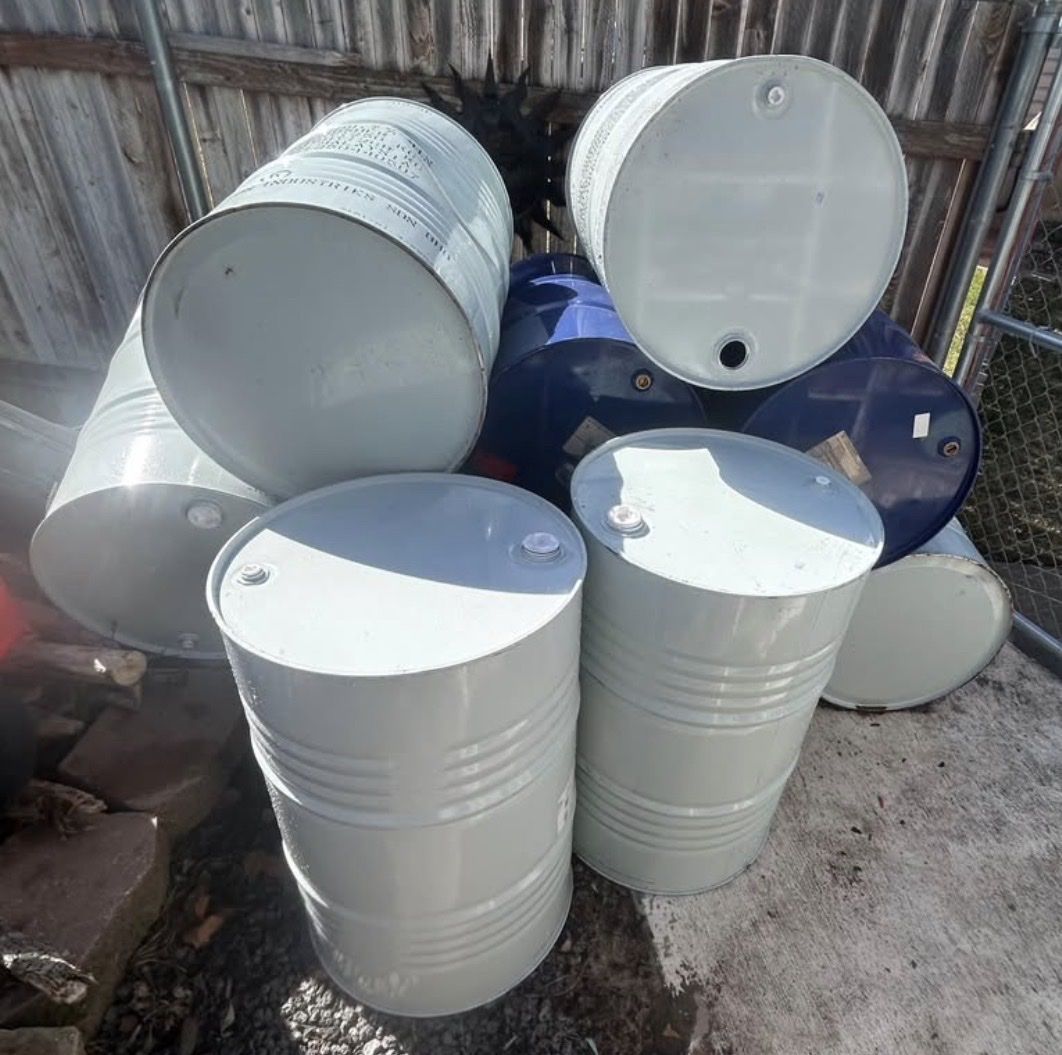 Industrial Metal Barrels - 55 Gallon Drums - Grey & Blue (Used)
