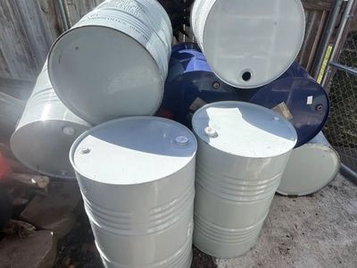 Industrial Metal Barrels - 55 Gallon Drums - Grey & Blue (Used)