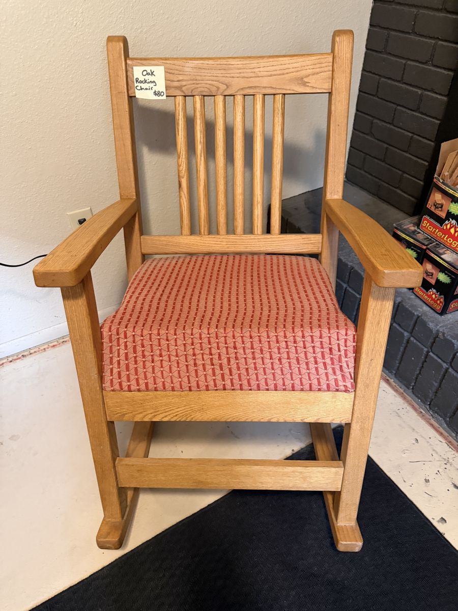 Classic Oak Wood Rocking Chair with Red Patterned Cushion - Comfortable & Sturdy