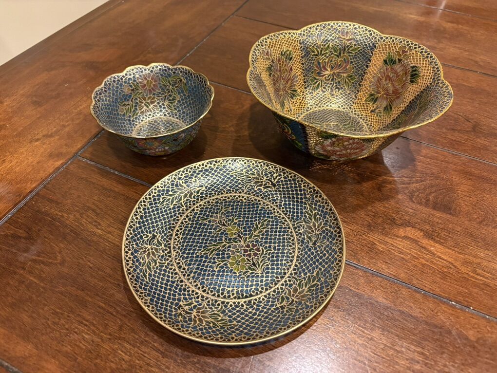 3 Plique-A-Jour Cloisonne' Enamel Pieces