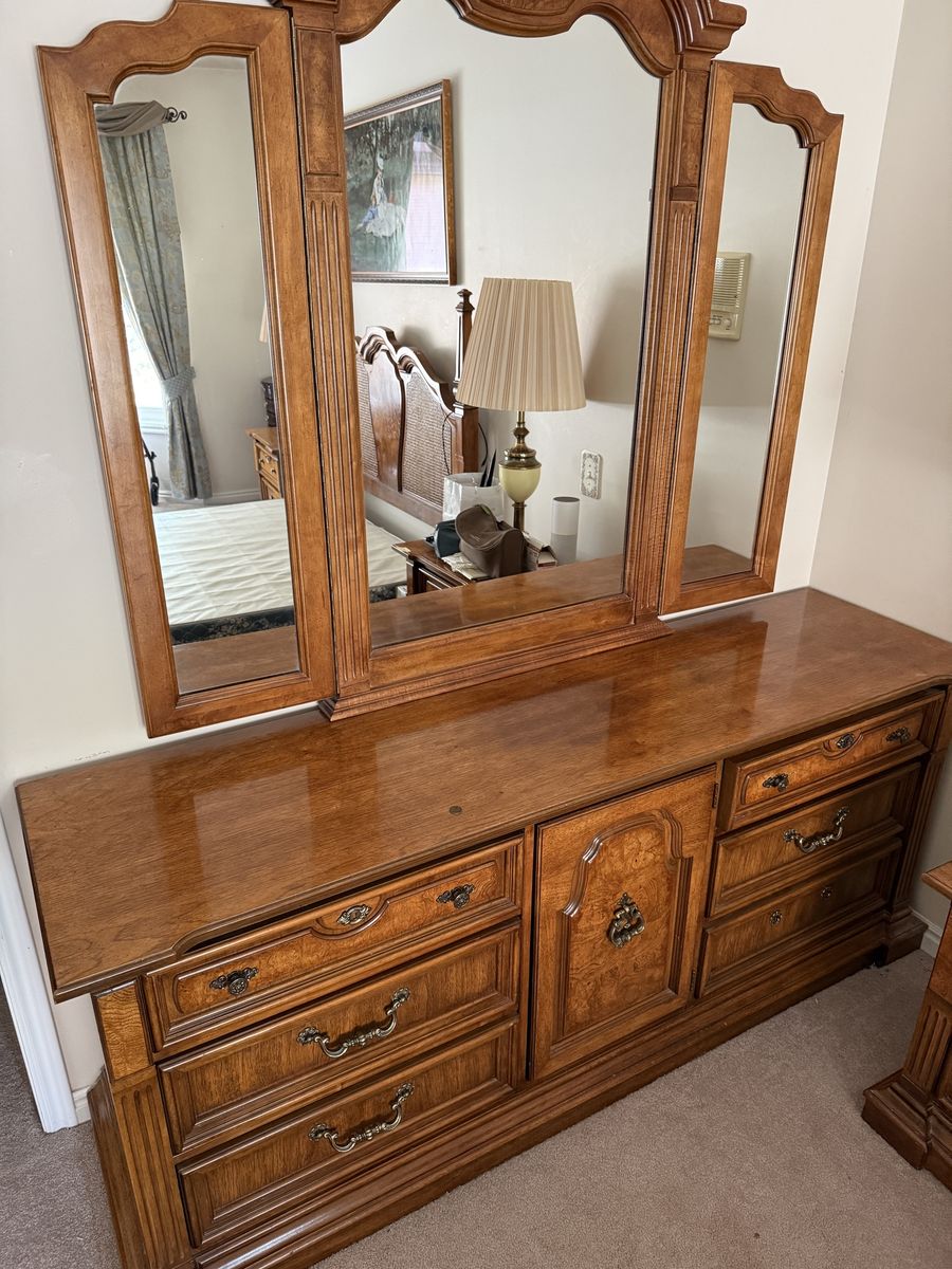 Vintage French Provincial Style Wood Dresser with Triple Mirror and Matching Headboard & Nightstands