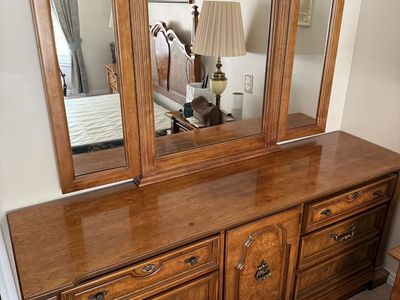 Vintage French Provincial Style Wood Dresser with Triple Mirror and Matching Headboard & Nightstands