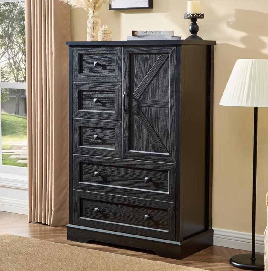 Farmhouse 5 Drawer Dresser with Cabinet – Black