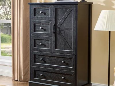 Farmhouse 5 Drawer Dresser with Cabinet – Black
