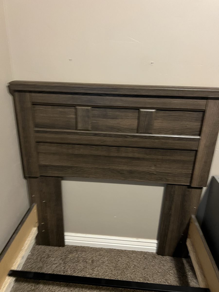 Dark Wood Twin Size Headboard and Footboard Set, Panel Design and dresser set with mattress and box spring.