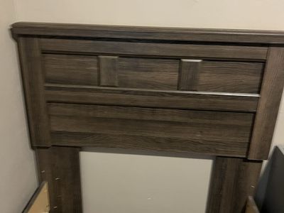 Dark Wood Twin Size Headboard and Footboard Set, Panel Design and dresser set with mattress and box spring.