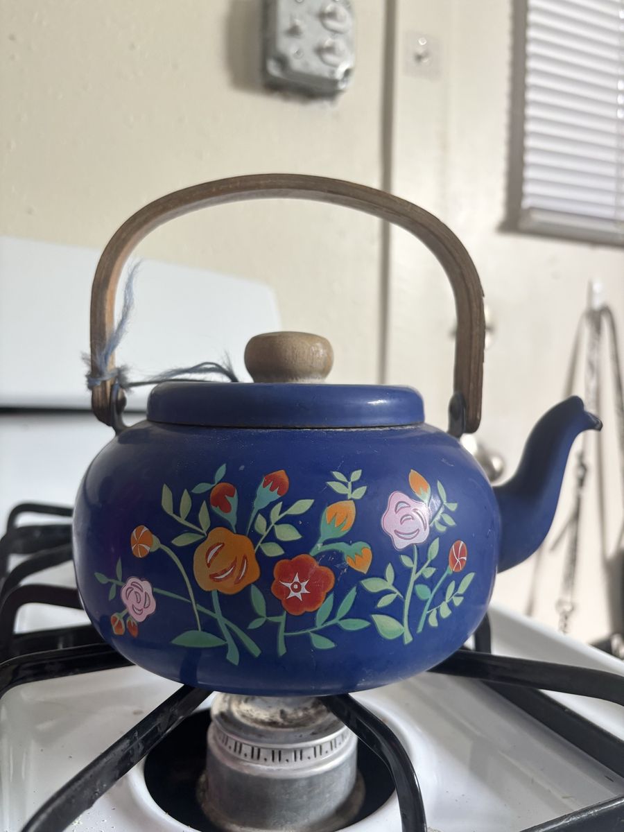 Vintage Blue Enamel Floral Teakettle with Wood Handle - Charming Kitchen Decor