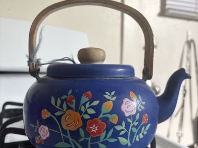 Vintage Blue Enamel Floral Teakettle with Wood Handle - Charming Kitchen Decor