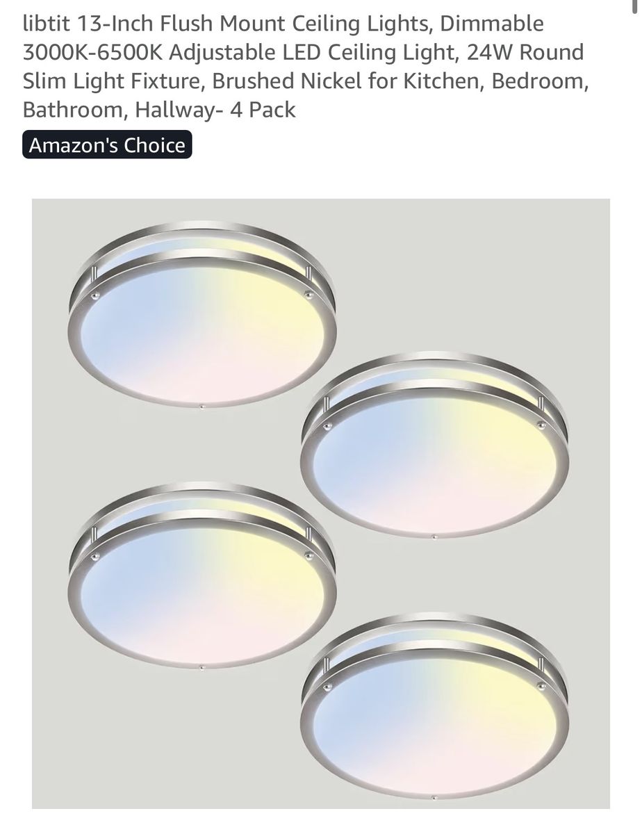 4-pack, 13-Inch Dimmable LED Flush Mount Ceiling Light, 3000K-6500K, 24W, Brushed Nickel