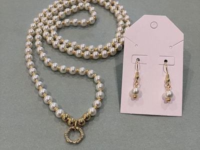 Handmade Gold and Pearl Beaded Necklace and Drop Earrings
