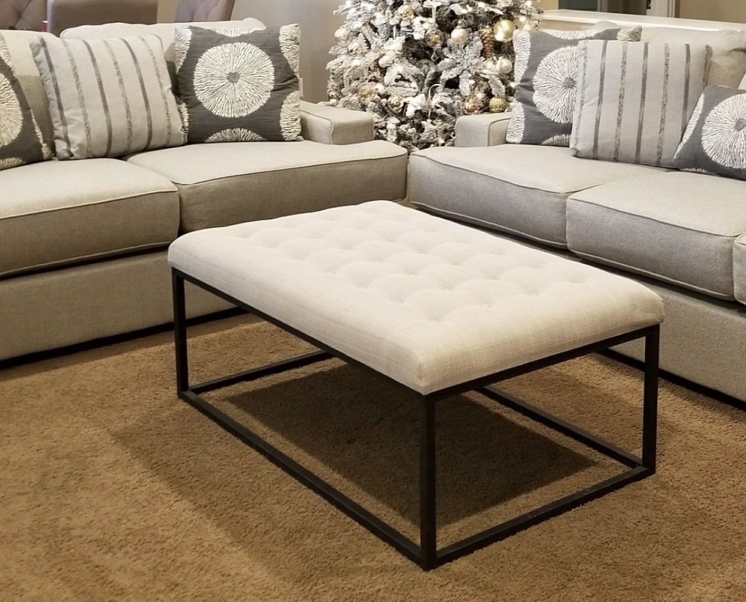 Tufted Fabric Ottoman with Black Metal Base