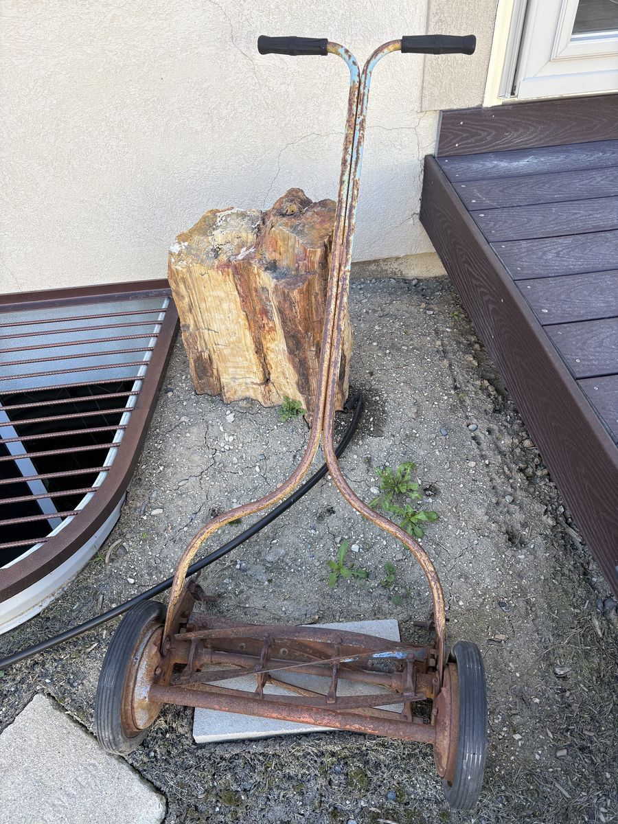 Antique Push Lawn Mower and Wheelbarrow