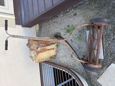Antique Push Lawn Mower and Wheelbarrow