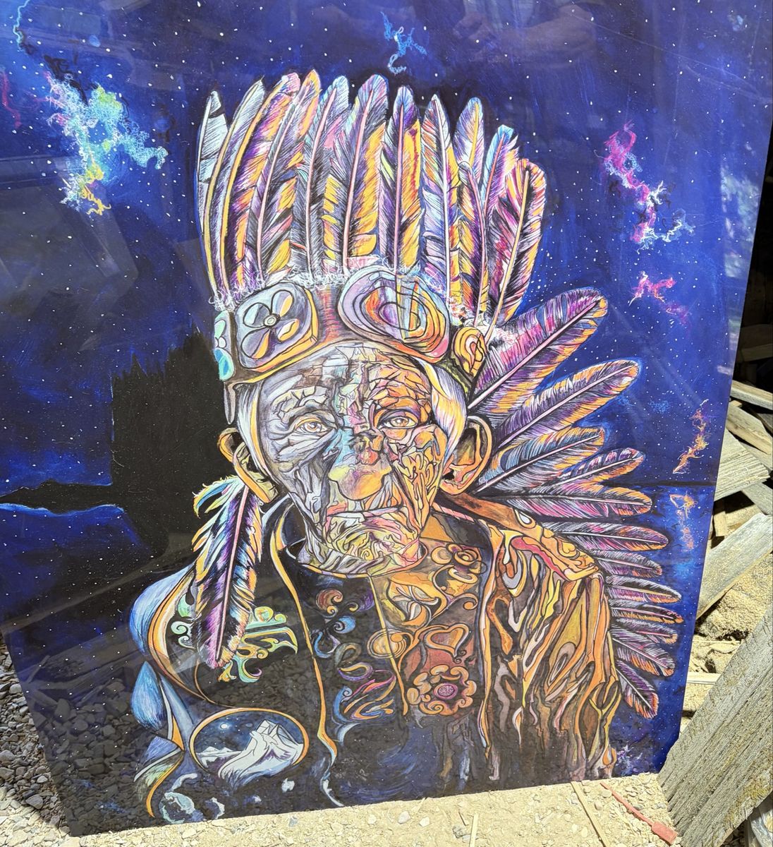 Abstract Native American Chief Portrait Wall Art - Large Colorful Figurative Artwork metal with attached hanging support.
