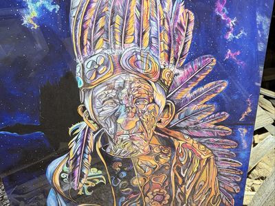 Abstract Native American Chief Portrait Wall Art - Large Colorful Figurative Artwork metal with attached hanging support.