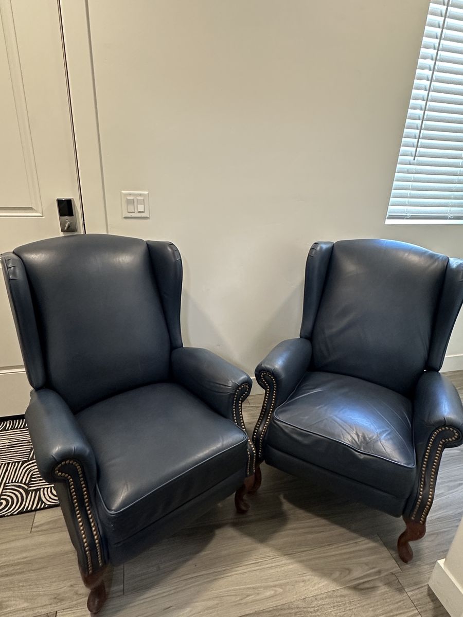 Pair of La-Z-Boy Blue Leather Wingback Recliners with Nailhead Trim