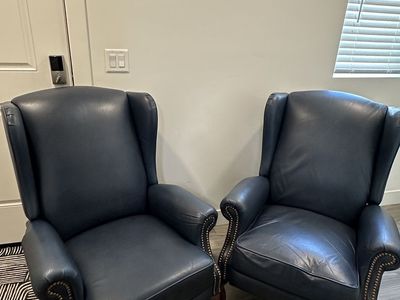 Pair of La-Z-Boy Blue Leather Wingback Recliners with Nailhead Trim