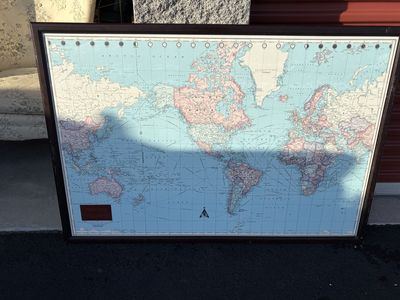 Huge vintage world map. Professionally framed. Real glass!