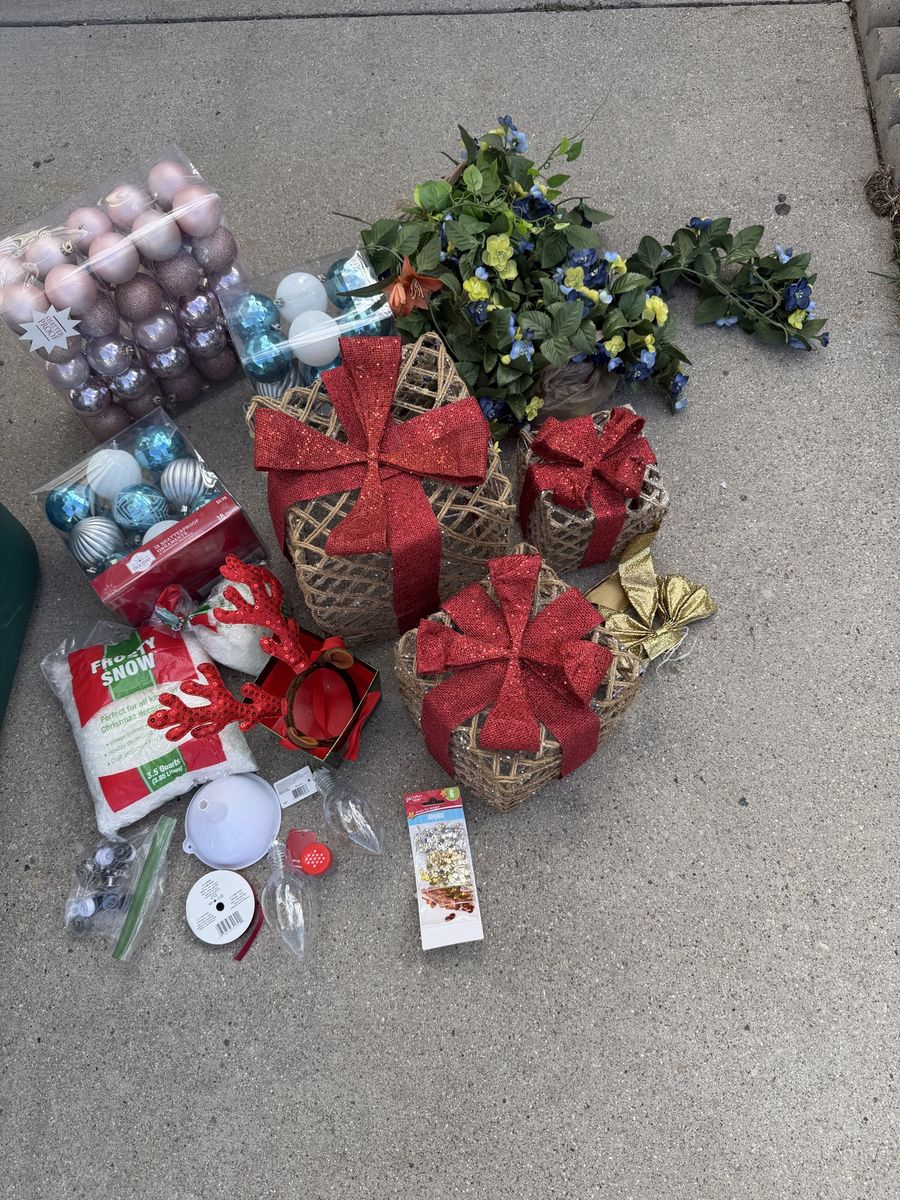 Assorted Christmas Decor Bundle - Ornaments, Gift Boxes, Fake Snow