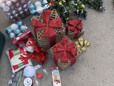 Assorted Christmas Decor Bundle - Ornaments, Gift Boxes, Fake Snow