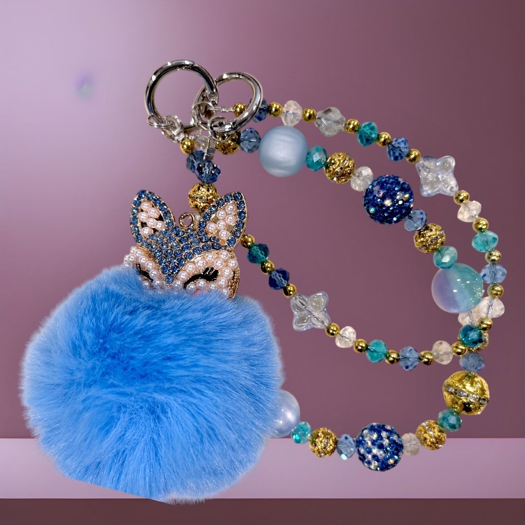 Luxury Blue Fox Pompom Bag Charm Keychain with Beaded Strap - Purse Dangler Accessory